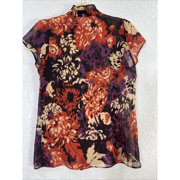 Gibson Top Womens S Multicolor Button Up Floral Ruffle Pleated Sheer Chiffon Y2K - Picture 4 of 9